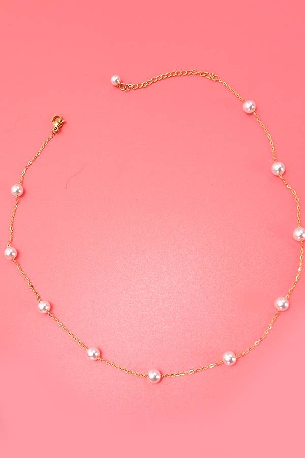 TITANIUM  STEEL NON-TARNISH PEARL STATION NECKLACE