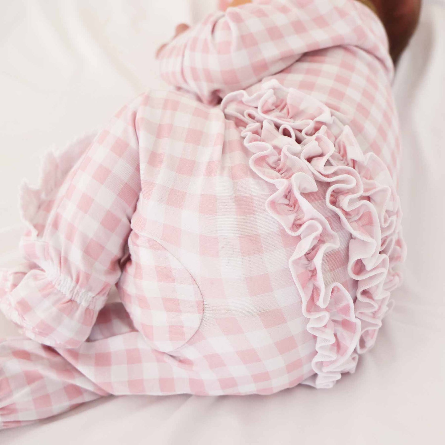 Rosey Gingham Peter Pan Collar Ruffle Zipper Footie