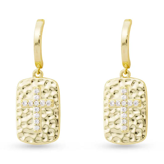 Gold Hammered Pendant Cross Drop Earrings