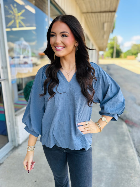 Steel Blue V Neck Top