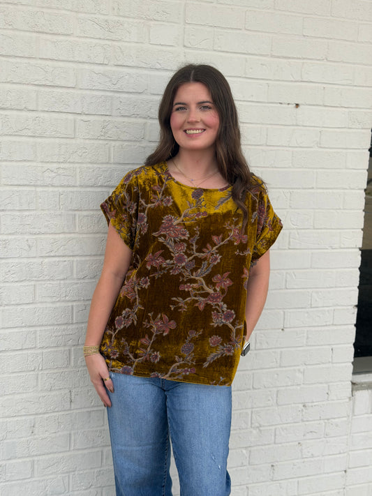 Camel Mix Floral Velvet Boxy Top