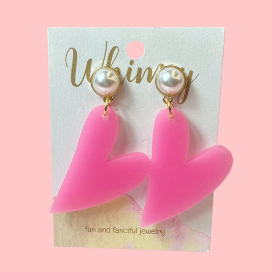 Neon Pink Heart Earrings w Pearl