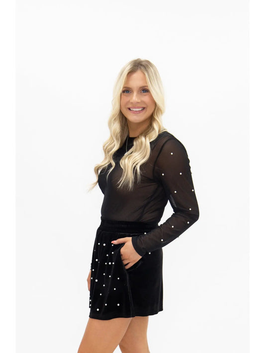 Mesh Long Sleeve Top W/ Pearls - Black