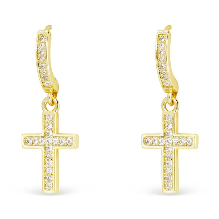 Gold Hoop Framed Cross Drop Earrings