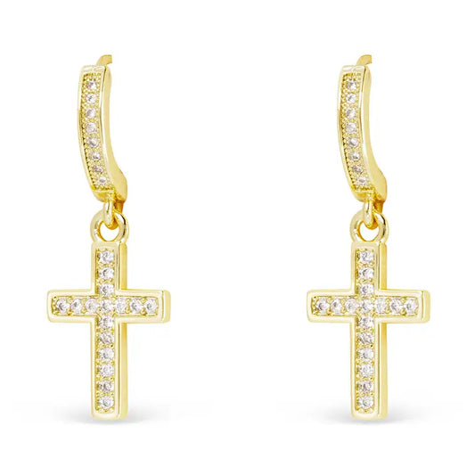 Gold Hoop Framed Cross Drop Earrings