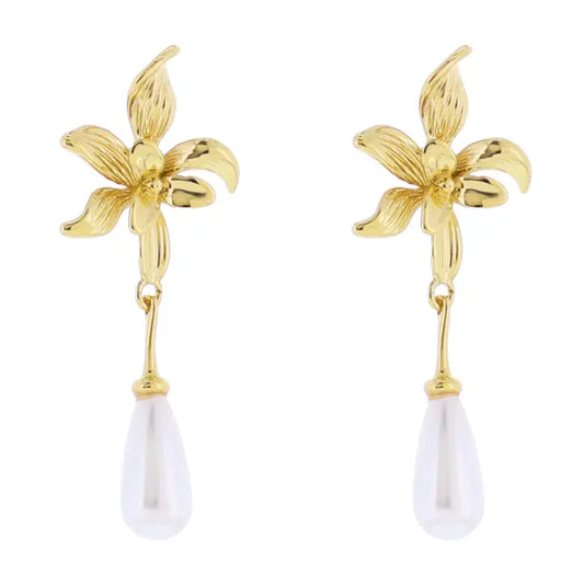 Gold Flower Post Earring W/ Pearl Teardrop