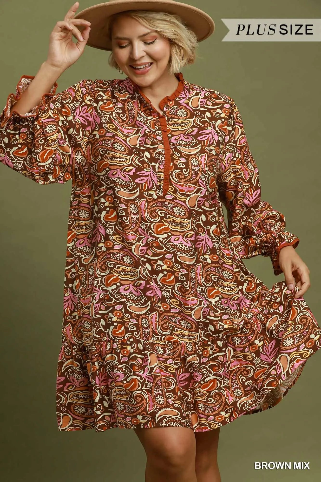 Boho Brown Mix Boho Paisley Print Tiered Mini Dress +