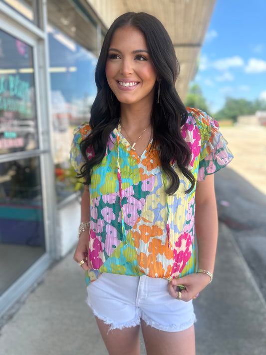 Leopard Print Ruffled V Neck Crinkled Blouse