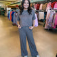 Smoke Gray Solid Color T-Shirt & Wide Leg Pants Set