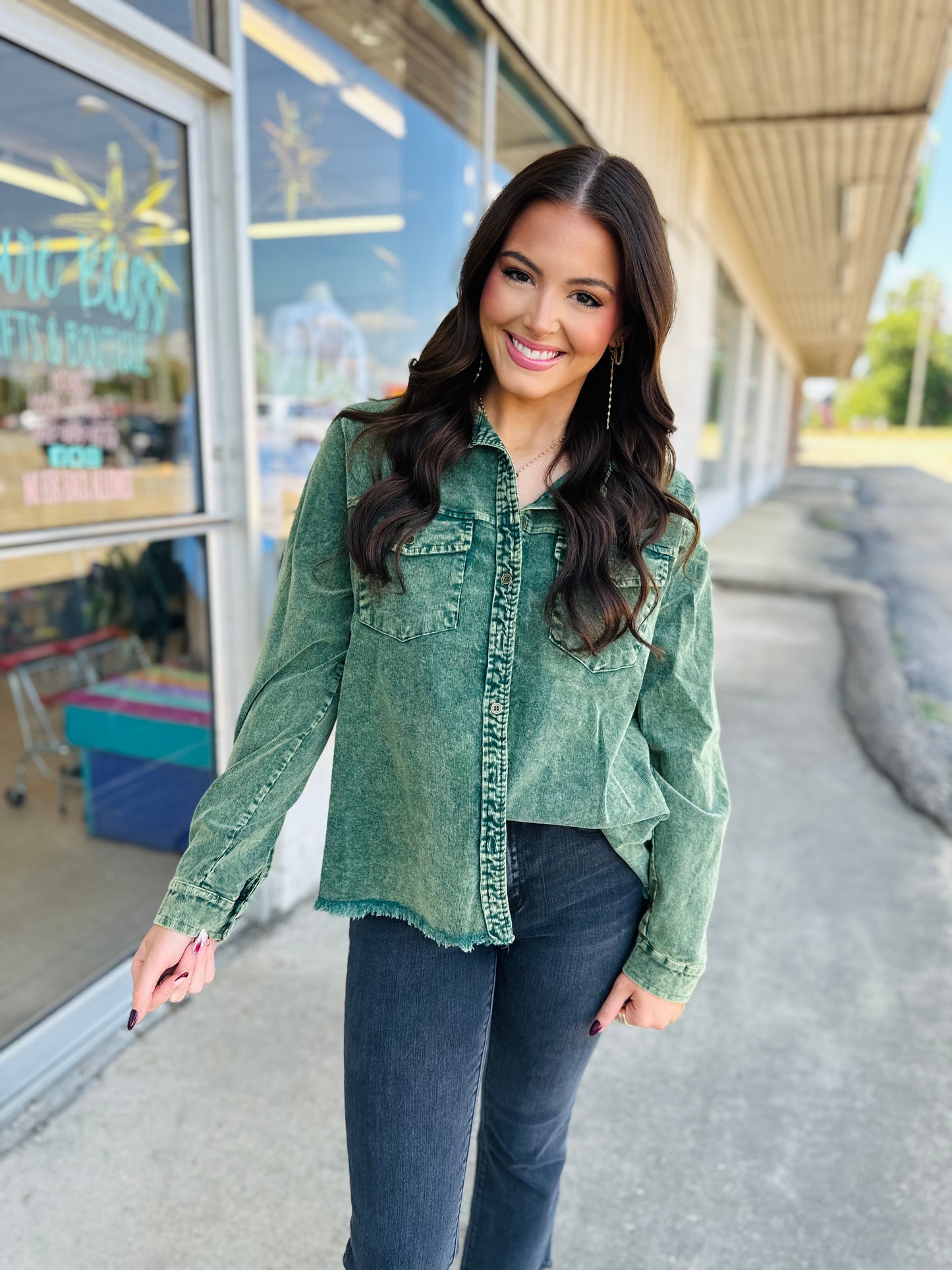 Forest Green Stone Washed Collard Top