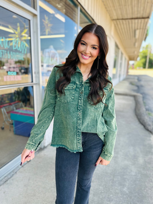 Forest Green Stone Washed Collard Top