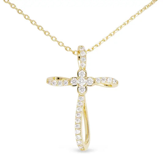 Gold Ribbon And Clover Center Cross Neckace