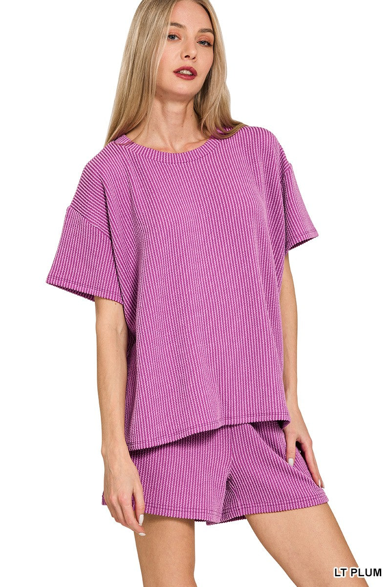 Raised Rib Short Sleeve Set - Light Plum