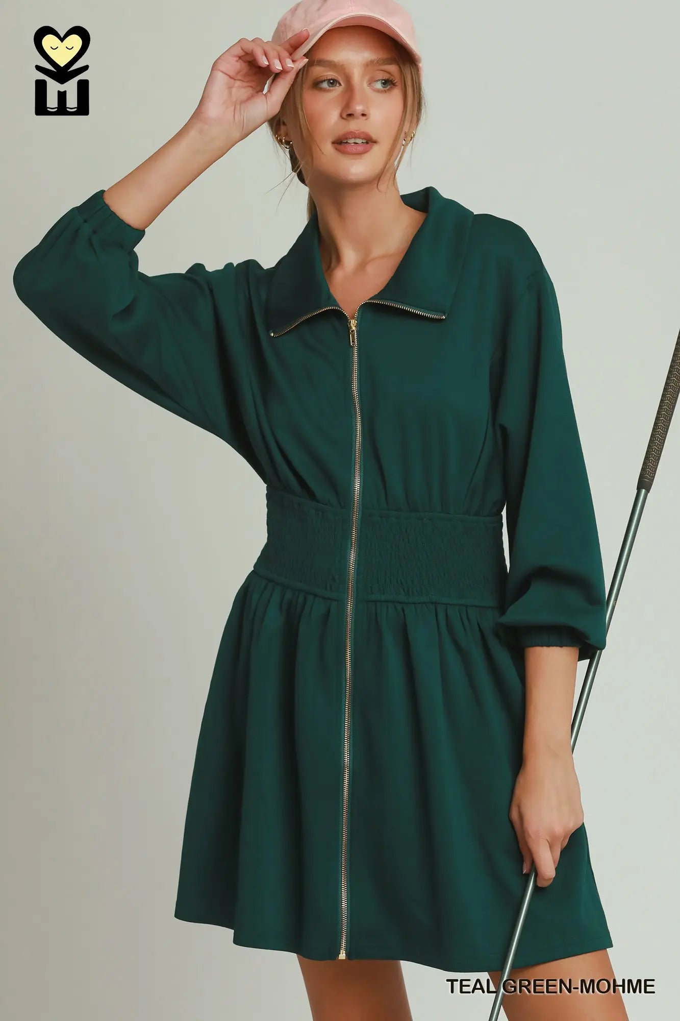 Teal Green-Mohme Front Zip Dress