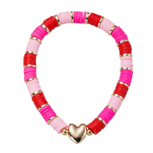 Red, Hot Pink, Light Pink Rubber Disk Beaded Stretch Bracelet W/ Gold Heart