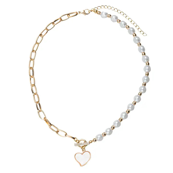 Gold Chain Beaded Necklace W/ Shell Heart