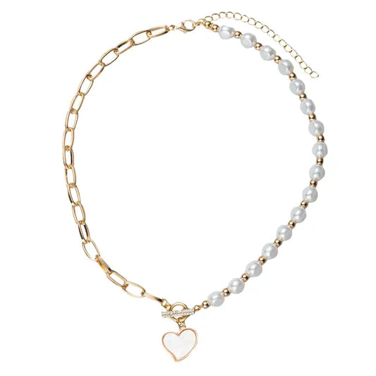 Gold Chain Beaded Necklace W/ Shell Heart