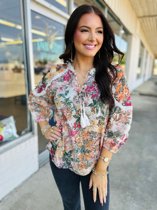 Floral Lace Embroidery Tie Split Neck Long Sleeve Blouse