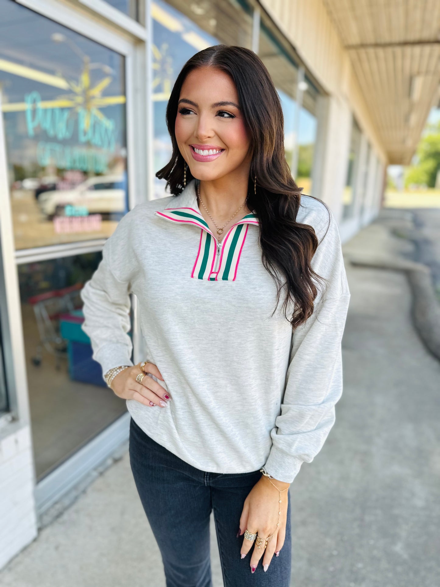 Pop of Color Collared Patchwork Pullover Sweatshirt