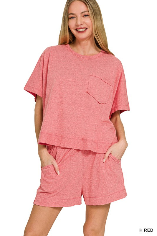 Exposed Seam Boxy Top & Short Set - Heather Red