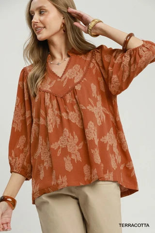 Terracotta Floral V-Neck Babydoll Top