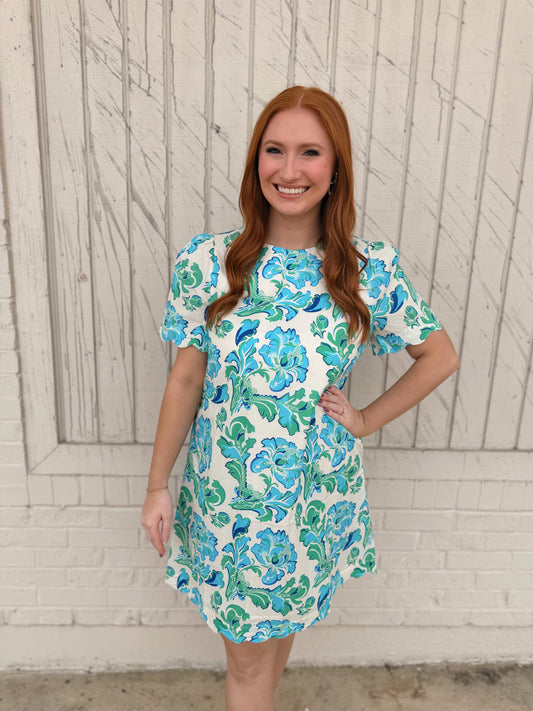 Aqua Mix Printed Round Neck Mini Dress