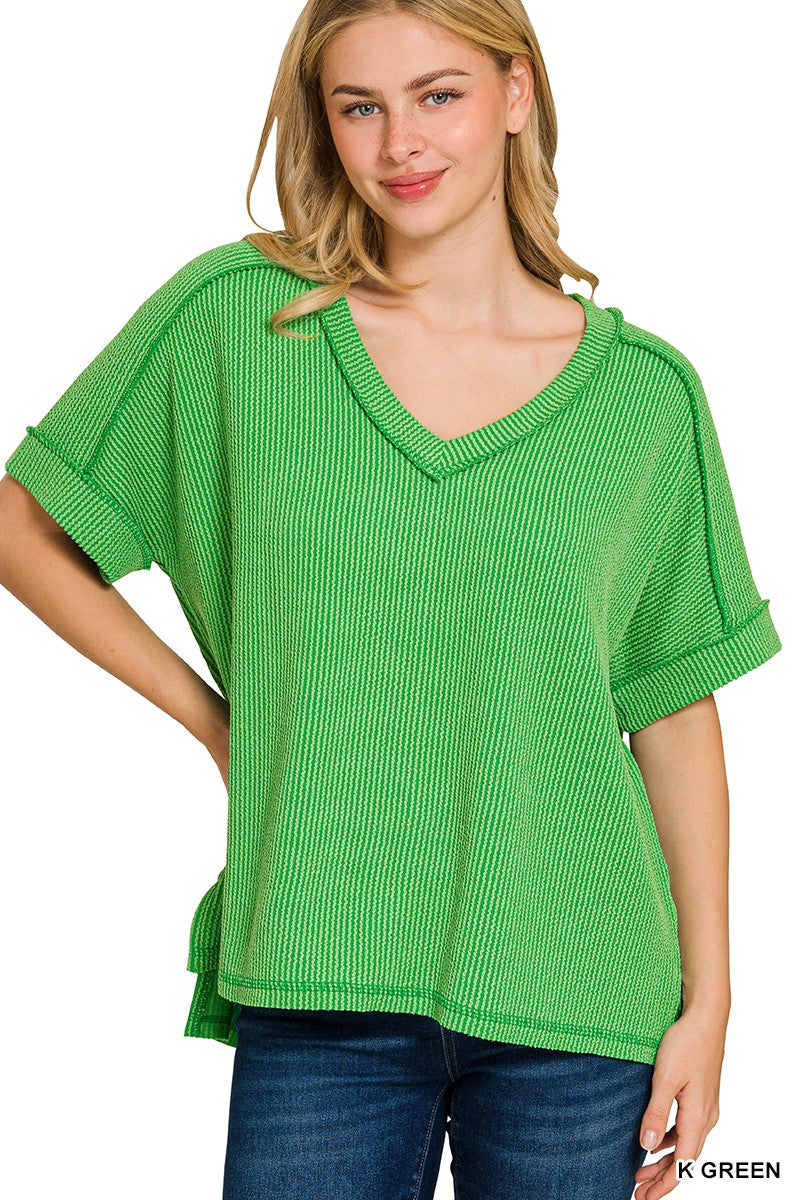Rib Short Sleeve Hi-Low V-Neck Top - Kelly Green