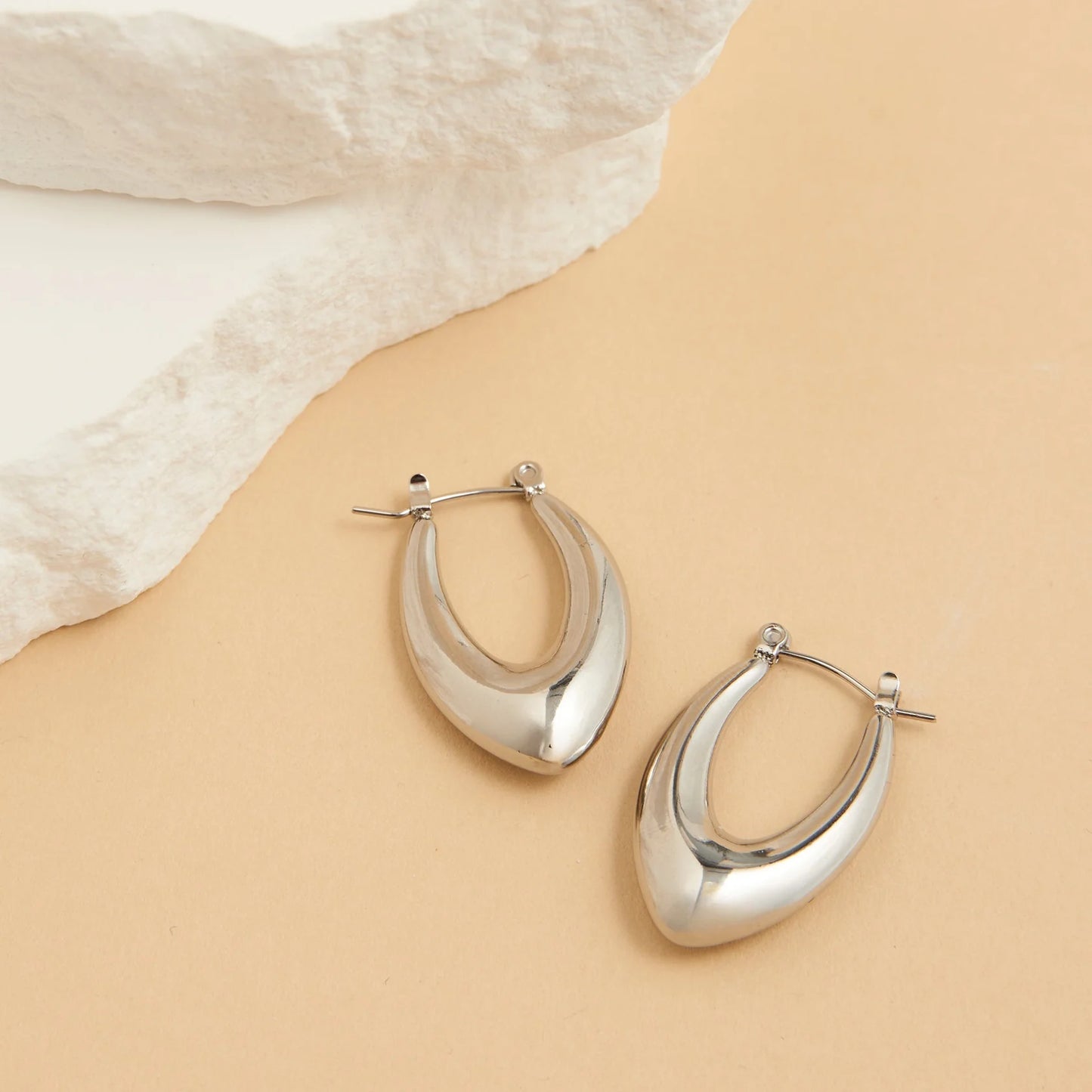 Oval Pointed Silver Hoop Earrings