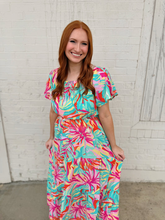 Mint Tropical Off-Shoulder Midi Dress