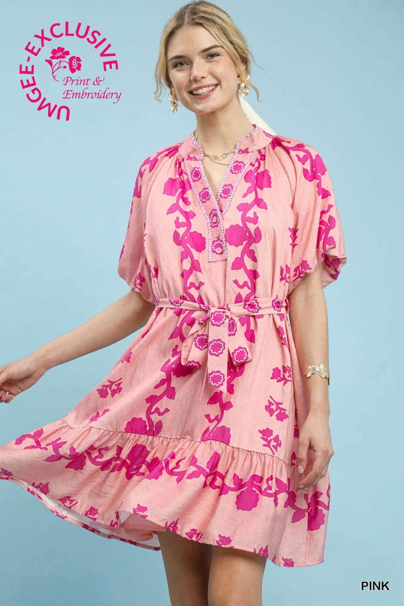 Pink Floral Tie-Waist Mini Dress