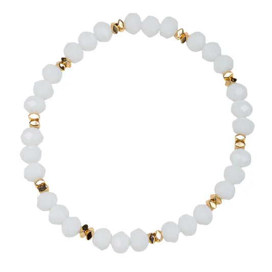 White Beaded Stretch Bracelet - Gold Spacers