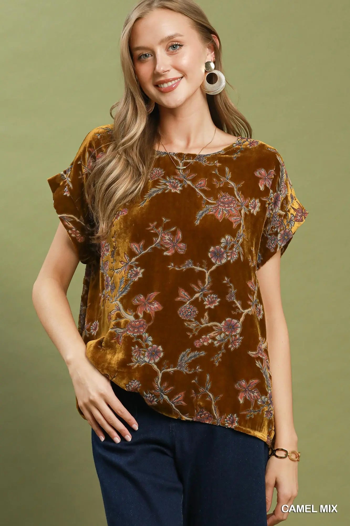 Camel Mix Floral Velvet Boxy Top