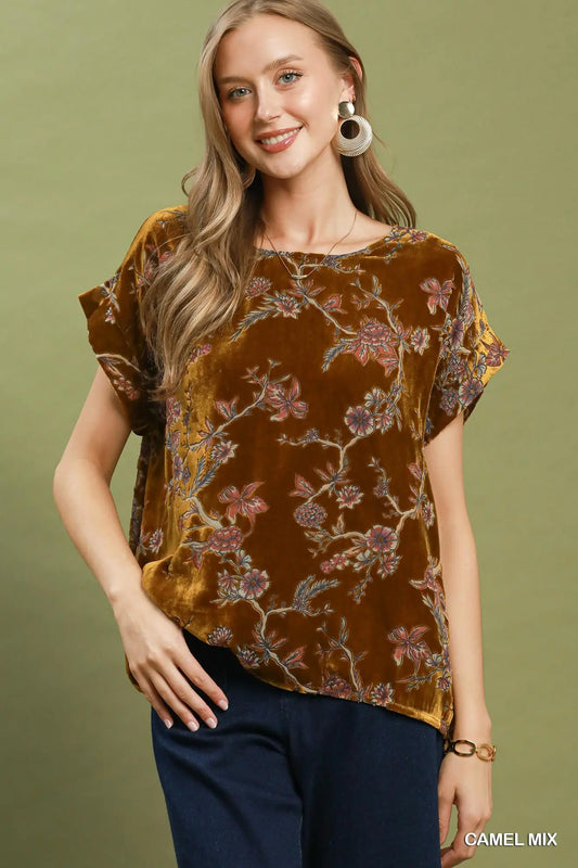 Camel Mix Floral Velvet Boxy Top
