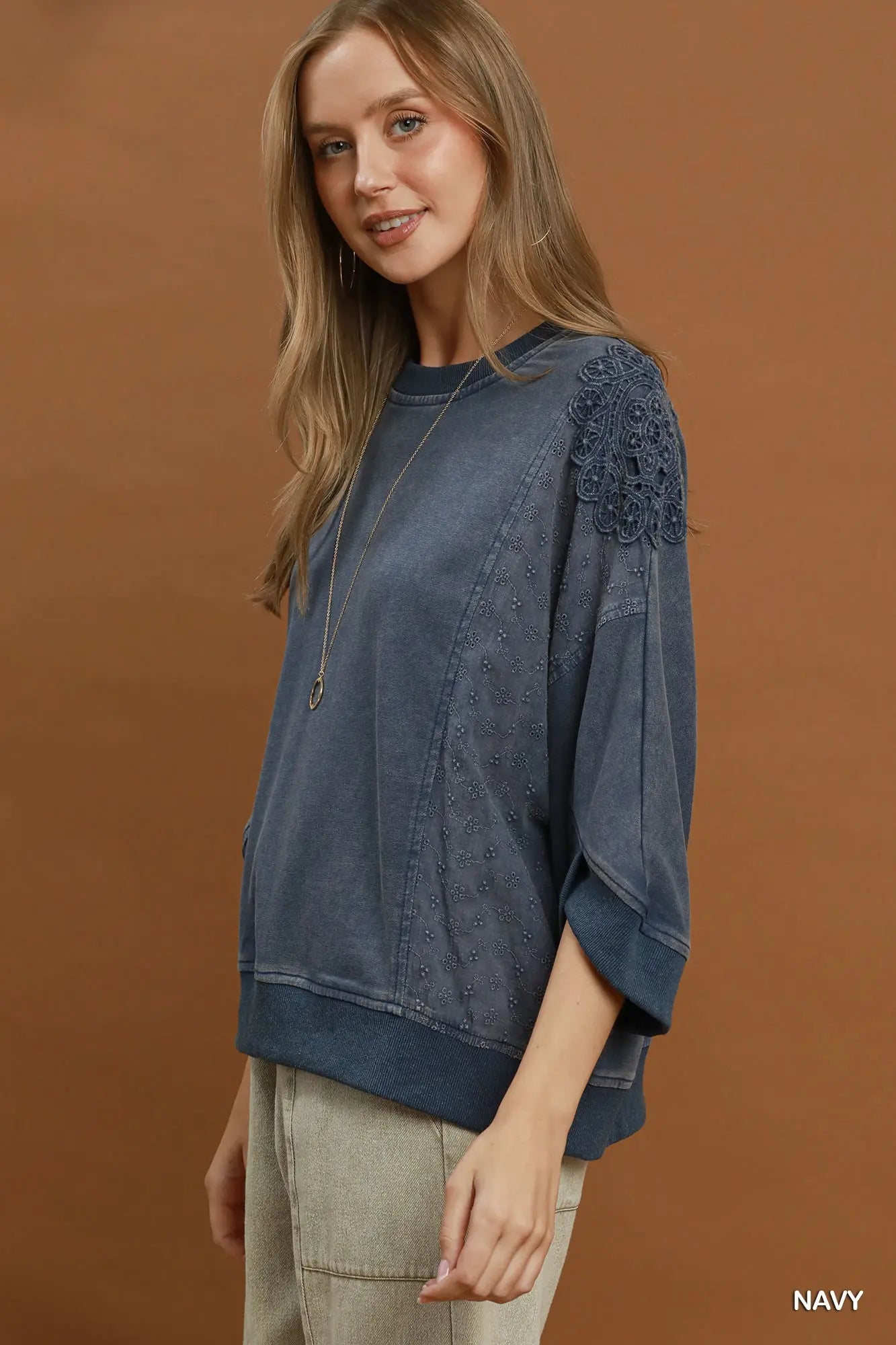 Mineral Washed Navy Lace Patch Pullover