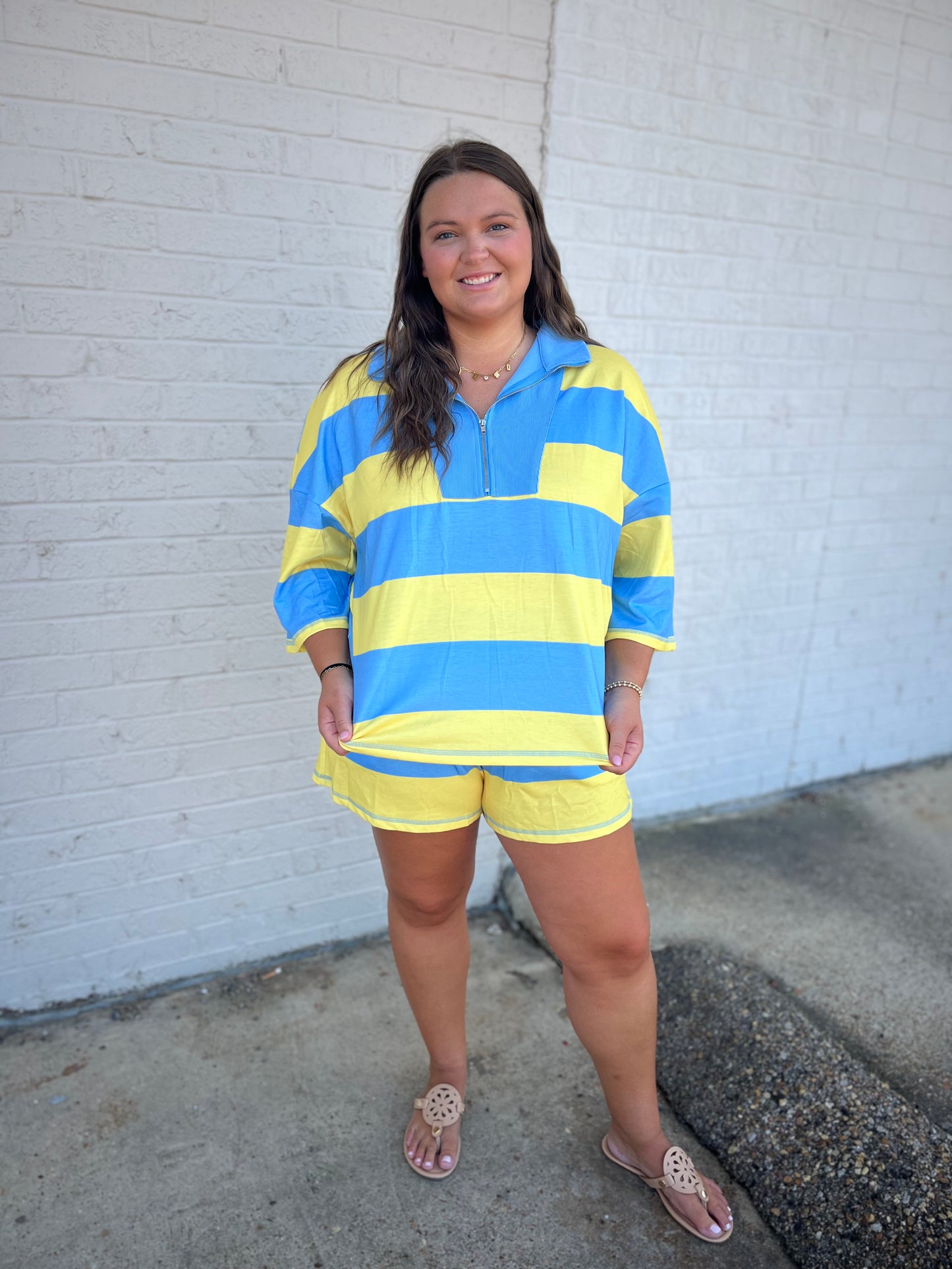 Half Zip Tee / Casual Short Set - Yellow Stripe