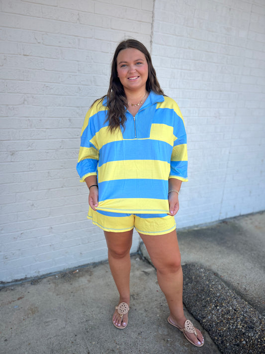 Half Zip Tee / Casual Short Set - Yellow Stripe