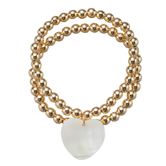 Gold Plated Set Of 2 Beaded Stretch Bracelet - Shell Heart