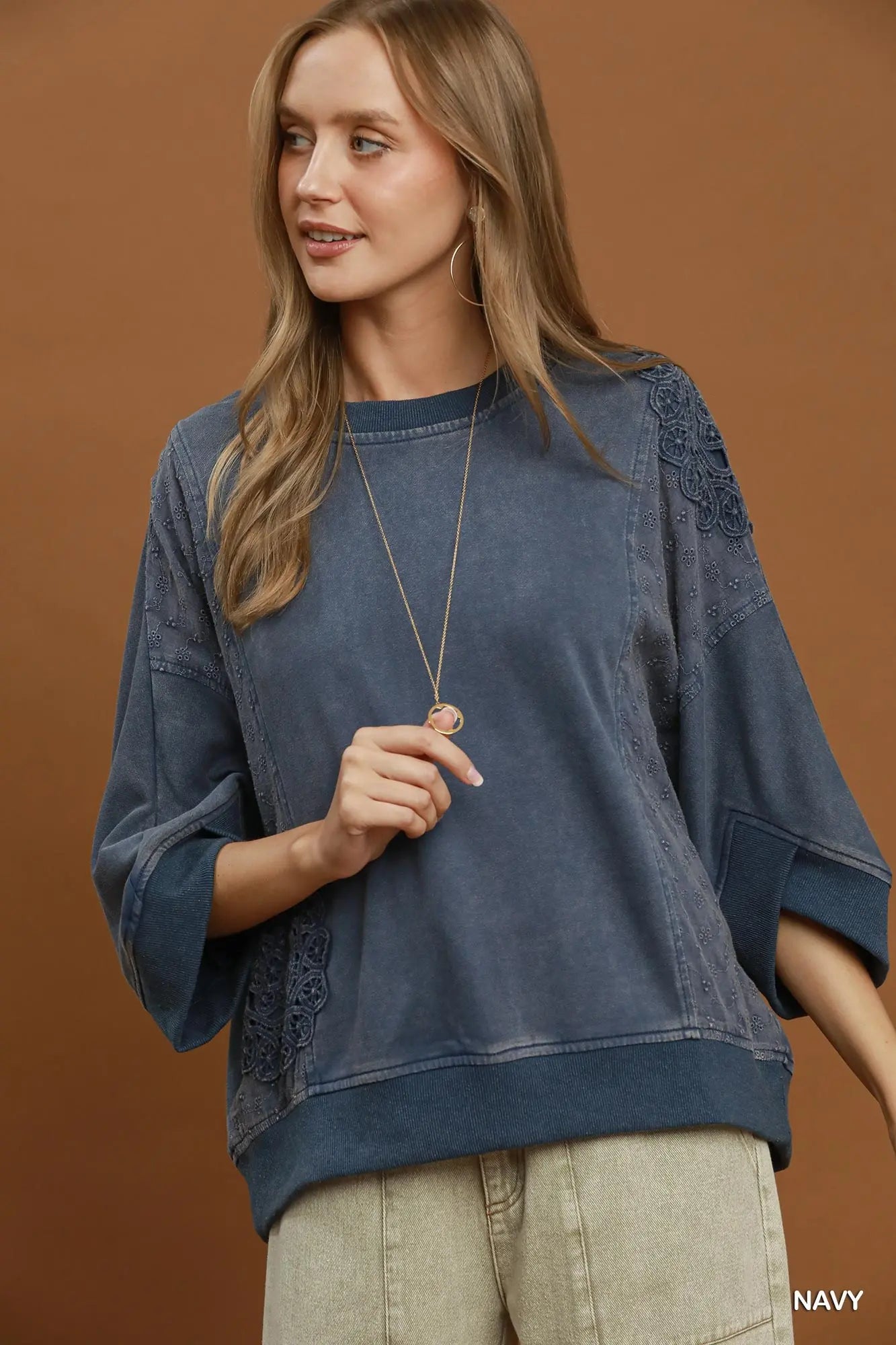 Mineral Washed Navy Lace Patch Pullover