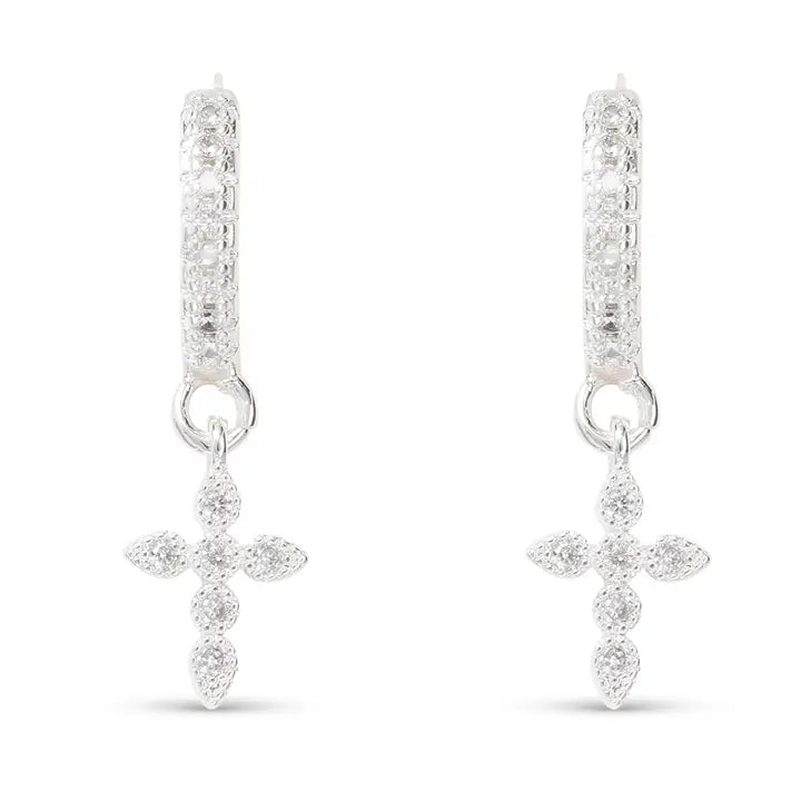Silver Hoop Small Cross Drop Earrings