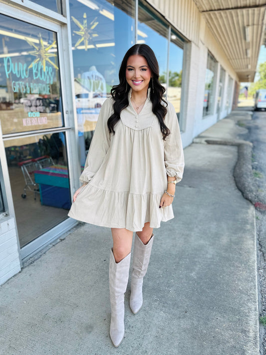 Natural Corduroy Tiered Babydoll Dress