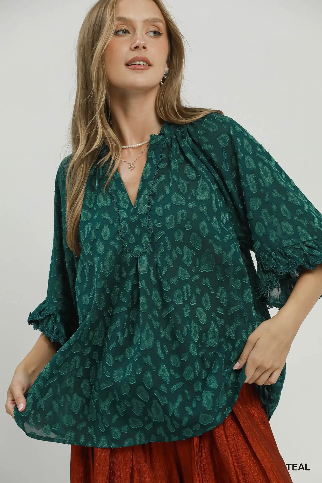 Teal Animal Print Bell Sleeve Top