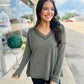 Dark Olive Corded Rib Long Sleeve V-Neck Top
