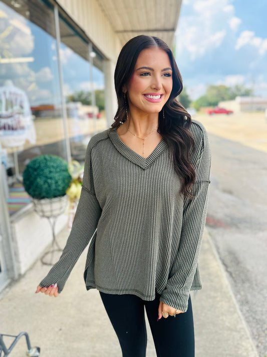 Dark Olive Corded Rib Long Sleeve V-Neck Top