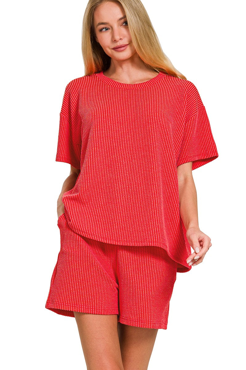 Raised Rib Short Sleeve Set - Ruby