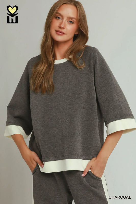 Charcoal Colorblock Crewneck Raglan Sleeve Top