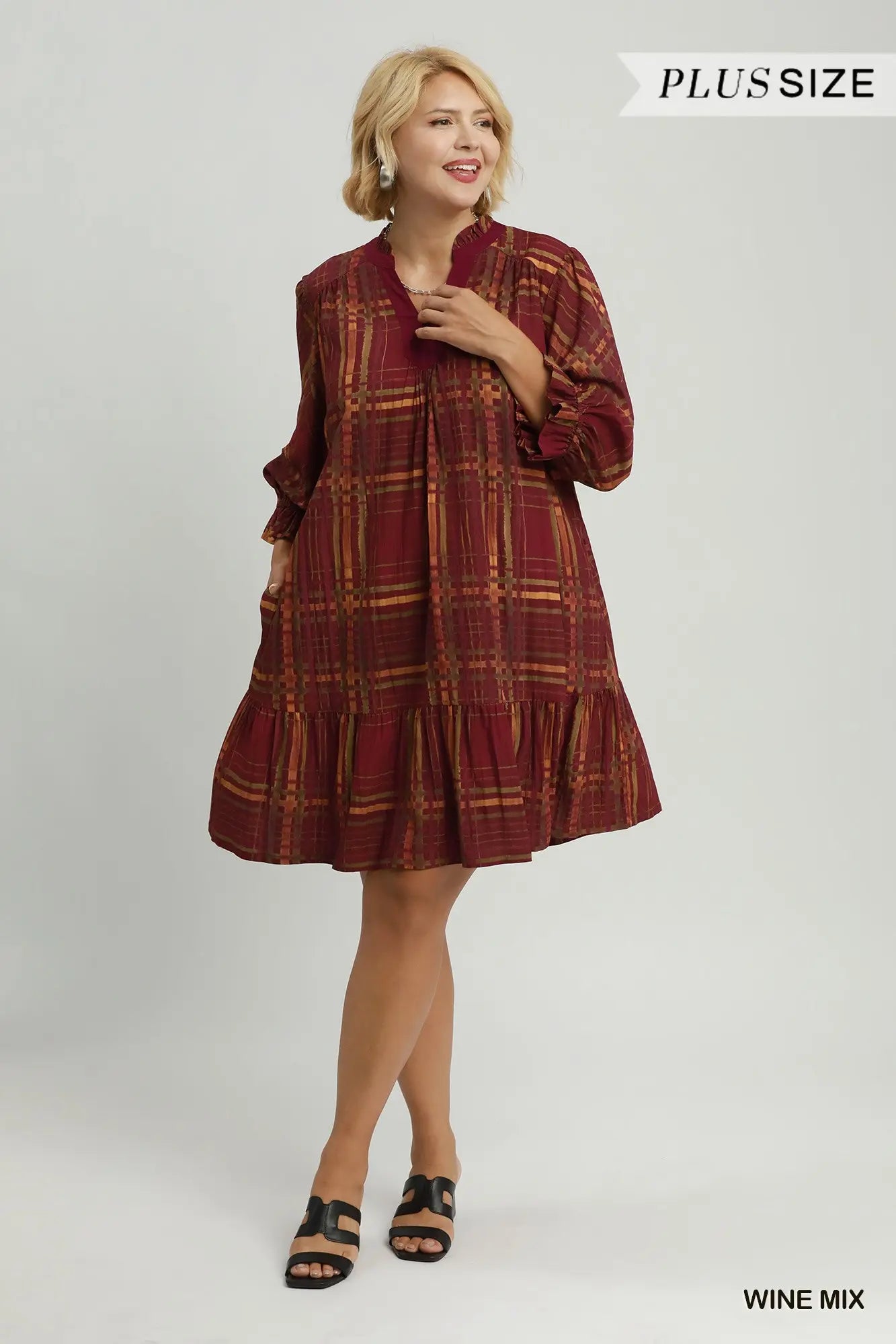 Wine Mix Plaid Print Tiered Babydoll Dress +