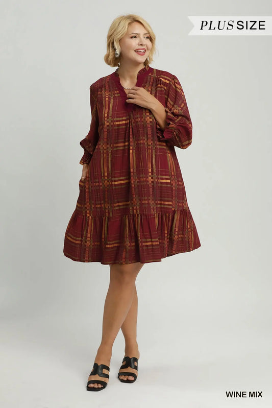 Wine Mix Plaid Print Tiered Babydoll Dress +