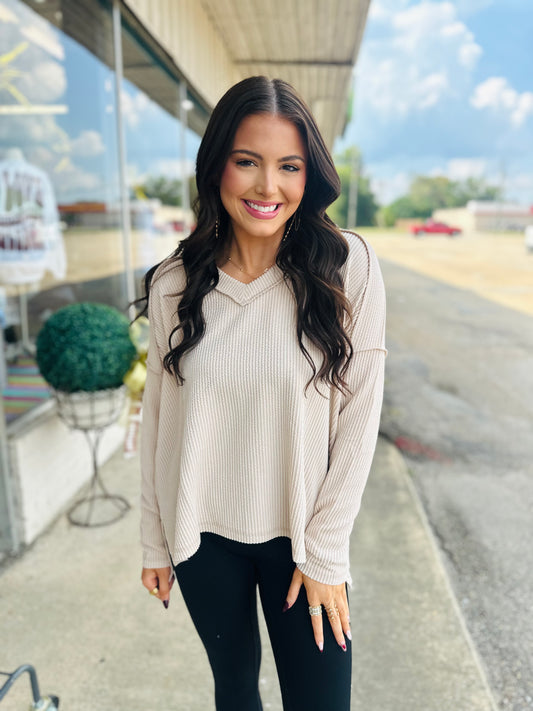 Sand Beige Corded Rib Long Sleeve V-Neck Top