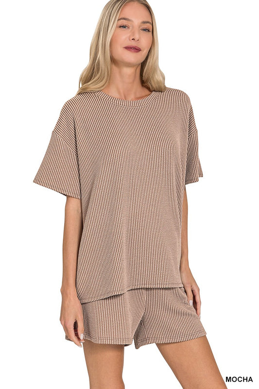 Raised Rib Short Sleeve Set - Mocha