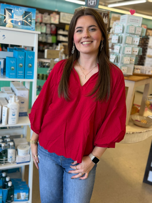 Red Split V-Neck Top